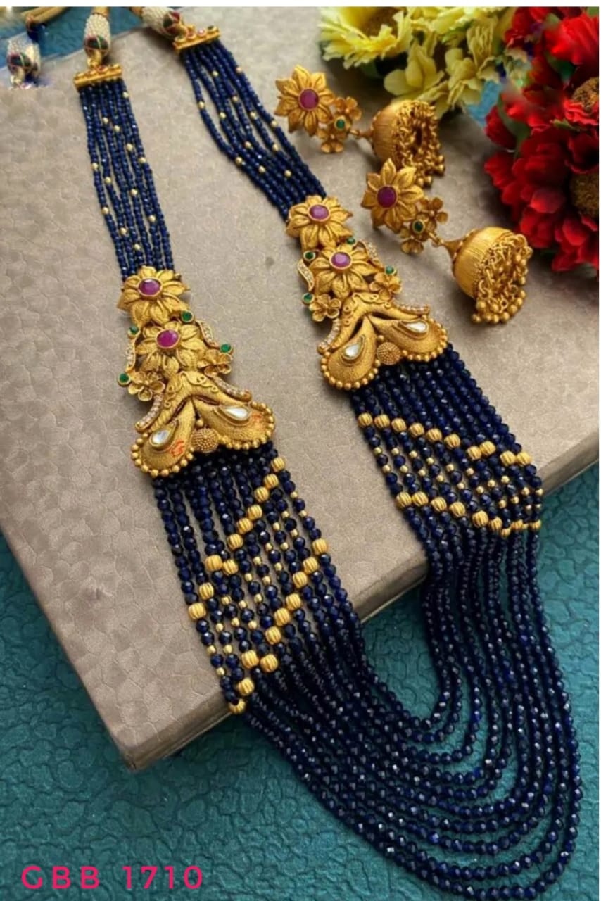 BLUE COLOUR CRYSTAL BEADED 5 LINE NECKLACE SET – Sanvi Jewels